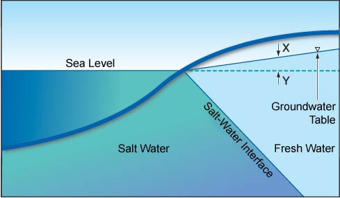 Salt-water interface in an unconfined coastal aquifer according to the Ghyben-Herzberg relation.
